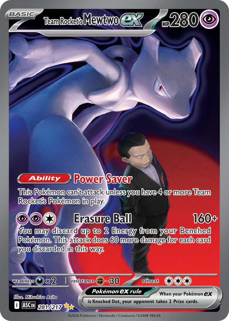 Team Rocket's Mewtwo ex z edície Ascended Heroes, karta č.281