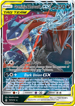 Greninja & Zoroark-GX z edície Unbroken Bonds, karta č.107