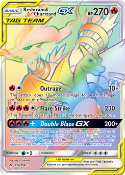 Reshiram & Charizard-GX z edície Unbroken Bonds, karta č.217