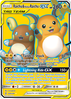 Raichu & Alolan Raichu-GX z edície Unified Minds, karta č.220