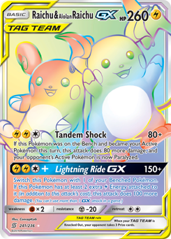 Raichu & Alolan Raichu-GX z edície Unified Minds, karta č.241