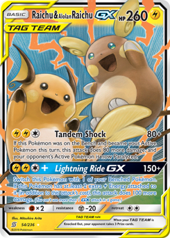 Raichu & Alolan Raichu-GX z edície Unified Minds, karta č.54