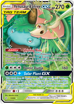 Venusaur & Snivy-GX z edície Cosmic Eclipse, karta č.1