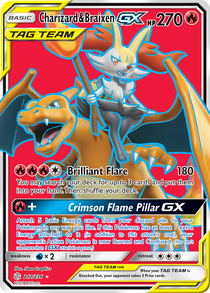 Charizard & Braixen-GX z edície Cosmic Eclipse, karta č.212