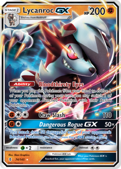 Lycanroc-GX z edície Guardians Rising, karta č.74