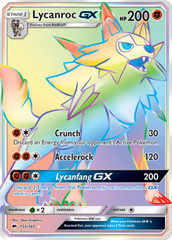 Lycanroc-GX z edície Burning Shadows, karta č.155