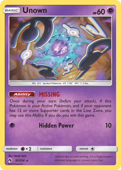 Unown z edície Lost Thunder, karta č.92