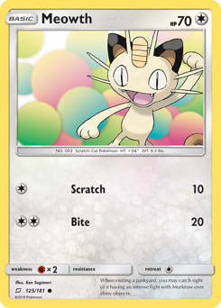 Meowth z edície Team Up, karta č.125