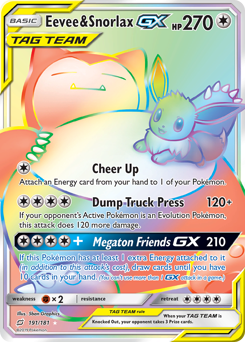 Eevee & Snorlax-GX z edície Team Up, karta č.191