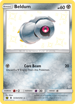 Beldum z edície Hidden Fates Shiny Vault, karta č.SV30