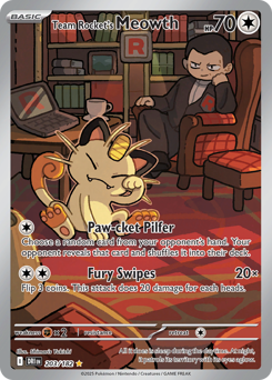 Team Rocket's Meowth z edície Destined Rivals, karta č.203