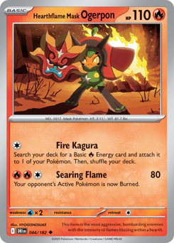 Hearthflame Mask Ogerpon z edície Destined Rivals, karta č.44