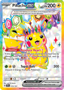 Pikachu ex z edície Surging Sparks, karta č.219