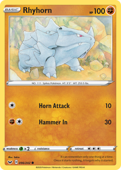 Rhyhorn z edície Sword & Shield, karta č.96