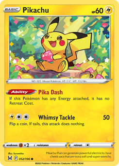Pikachu z edície Lost Origin, karta č.52