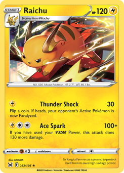 Raichu z edície Lost Origin, karta č.53