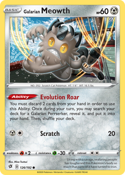 Galarian Meowth z edície Rebel Clash, karta č.126