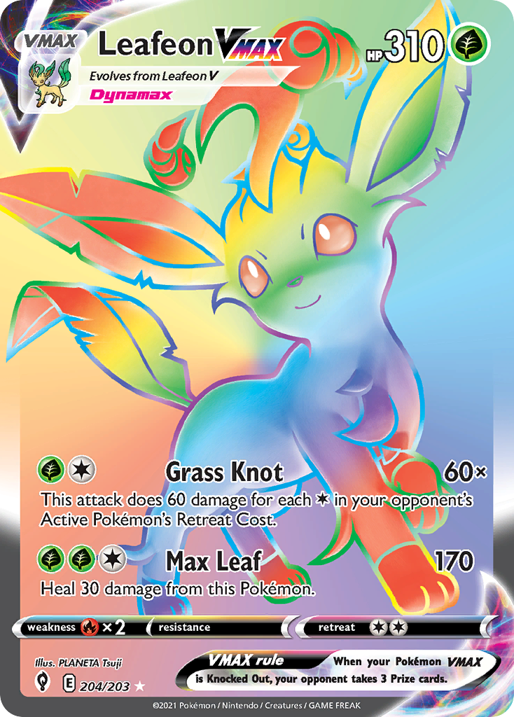 Leafeon VMAX z edície Evolving Skies, karta č.204