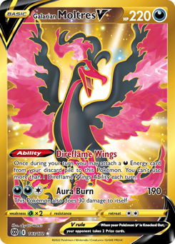 Galarian Moltres V z edície Brilliant Stars, karta č.183