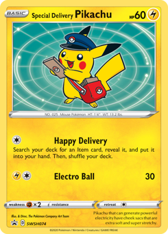 Special Delivery Pikachu z edície SWSH Black Star Promos, karta č.SWSH074