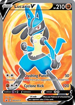 Lucario V z edície SWSH Black Star Promos, karta č.SWSH213